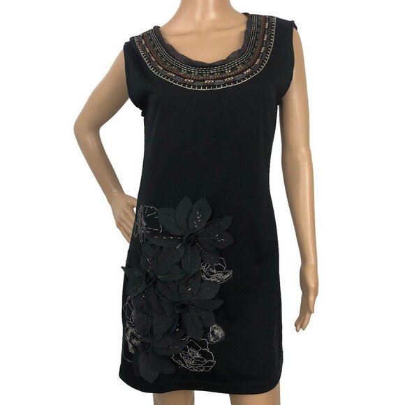 Lulumari‎ Boho Embroidered Shift Dress Size M Floral Sleeveless Mini Black Artsy - Picture 1 of 10